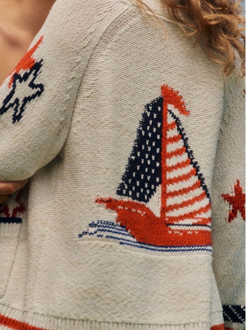NWT Anthropologie Cream Nautical Sailboat Red & Blue Stars Cozy Cardigan SZ XS - Picture 4 of 16